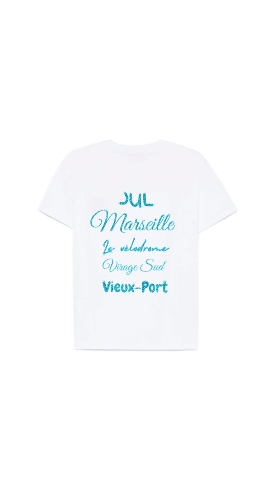 T-shirt " LOVE MARSEILLE " bleu turquoise pailleté