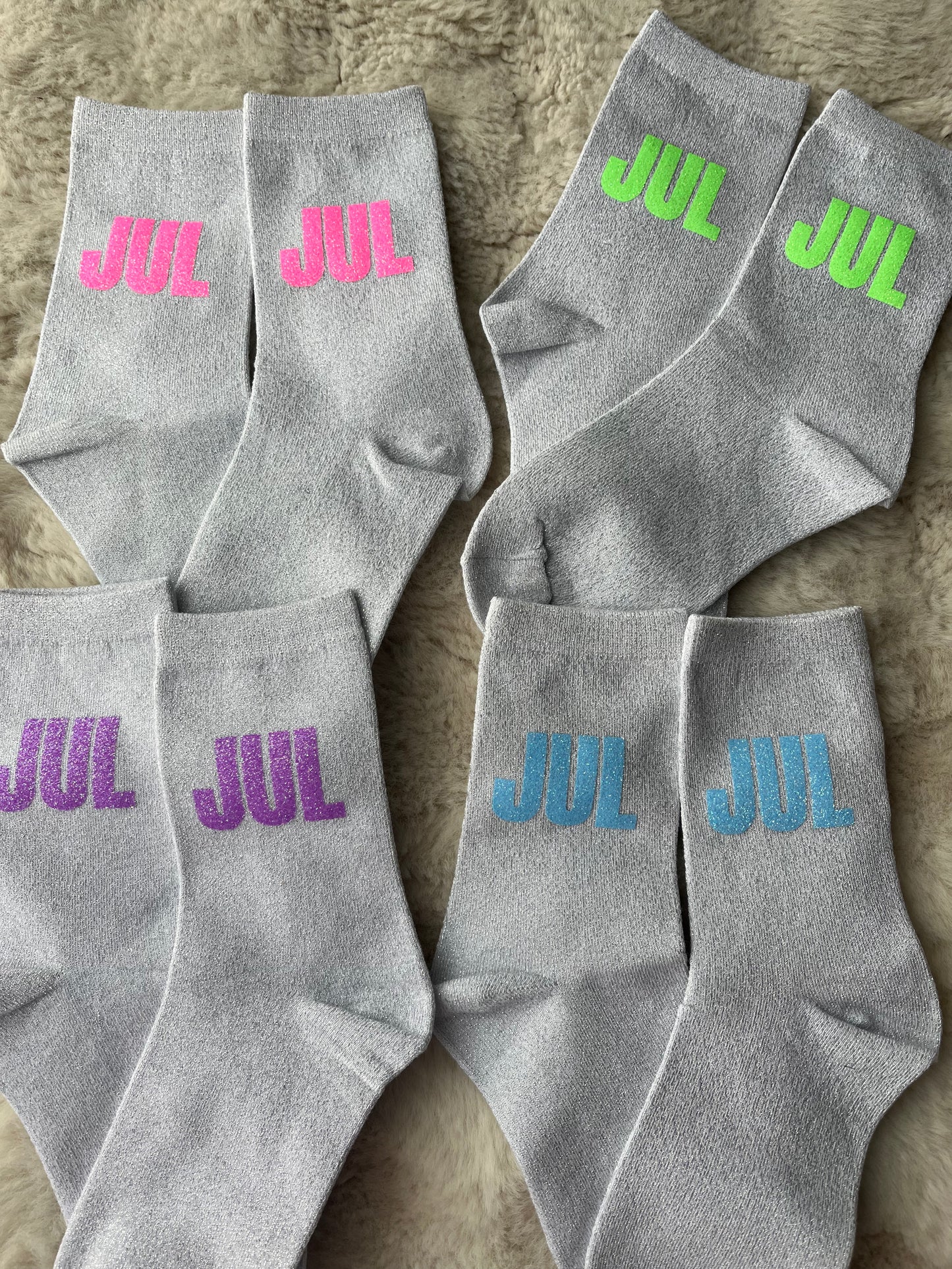 Chaussettes à paillettes " JUL " fluo (vert, rose, violet, bleu turquoise)