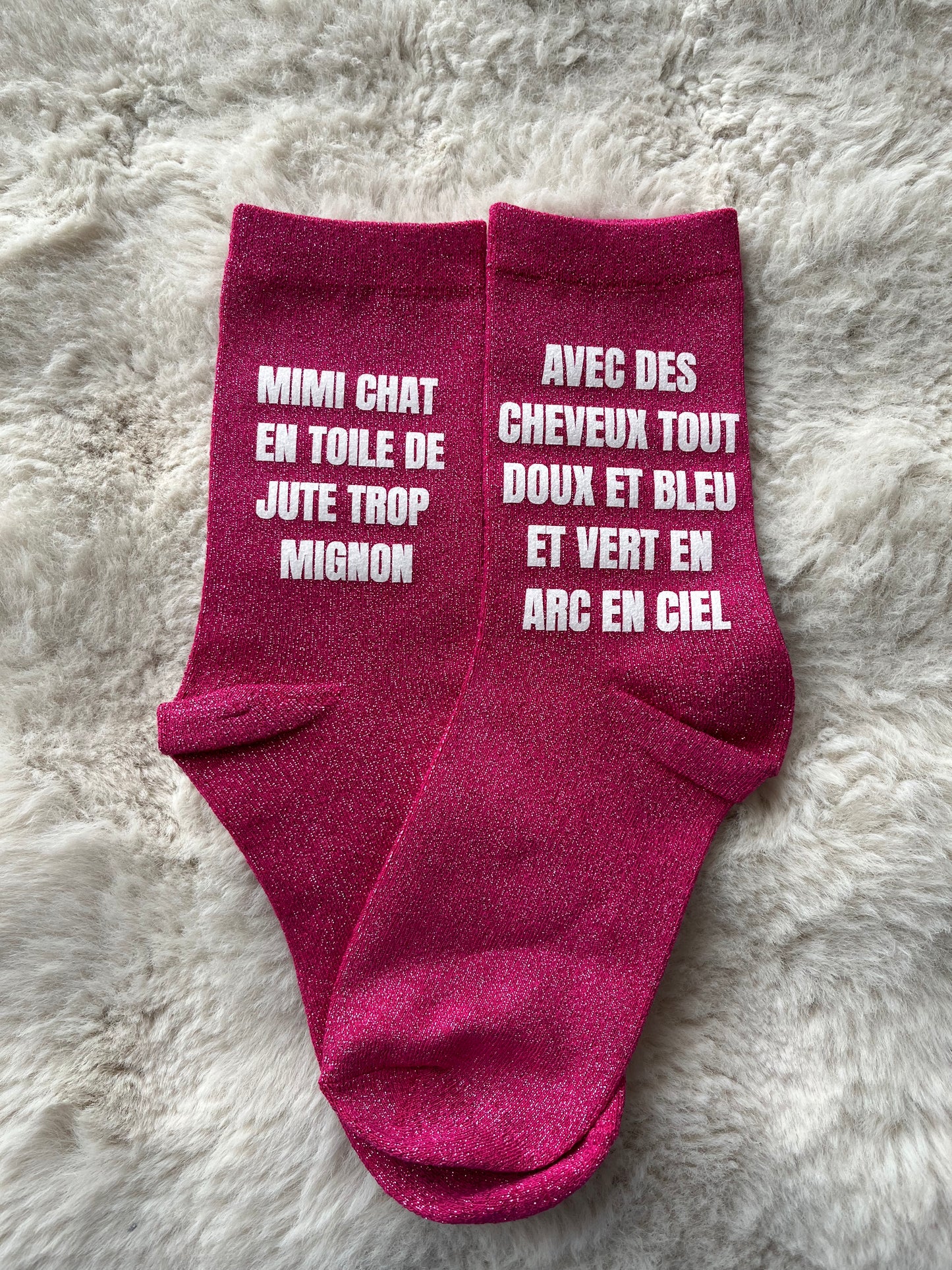 PRECOMMANDE Chaussettes à paillettes " MIMI CHAT EN TOILE DE JUTE TROP MIGNON"