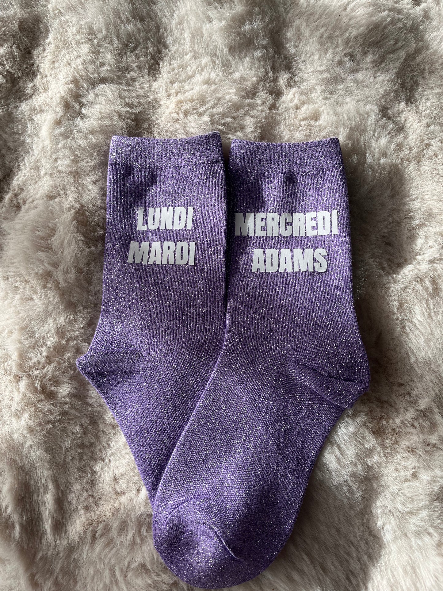 Chaussettes à paillettes lilas " LUNDI MARDI MERCREDI ADAMS "