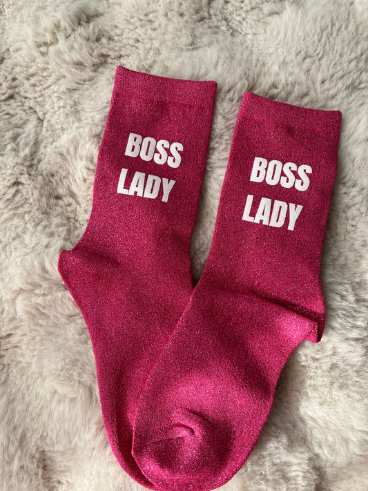 Chaussettes à paillettes " BOSS LADY " rose