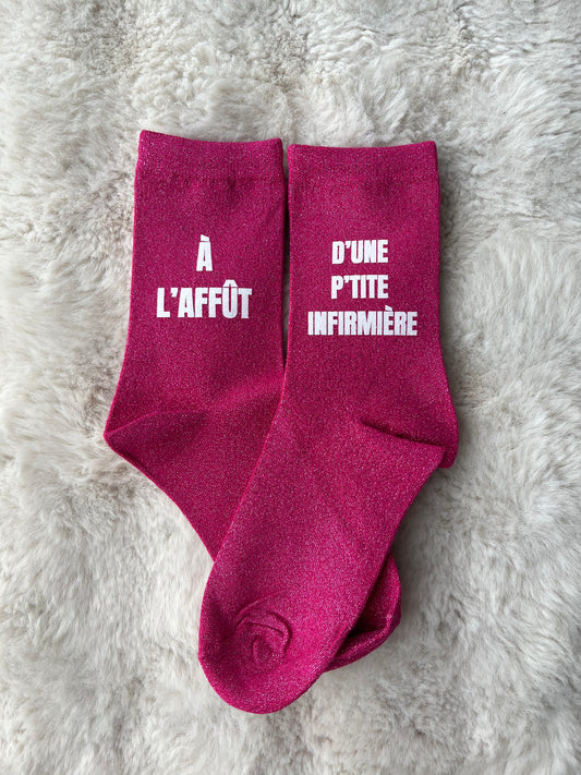 Chaussettes à paillettes " à l'affût d'une p'tite infirmière " ROSE