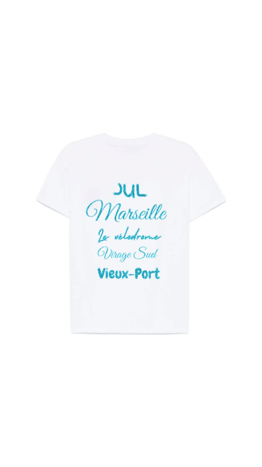 T-shirt " LOVE MARSEILLE " bleu turquoise pailleté
