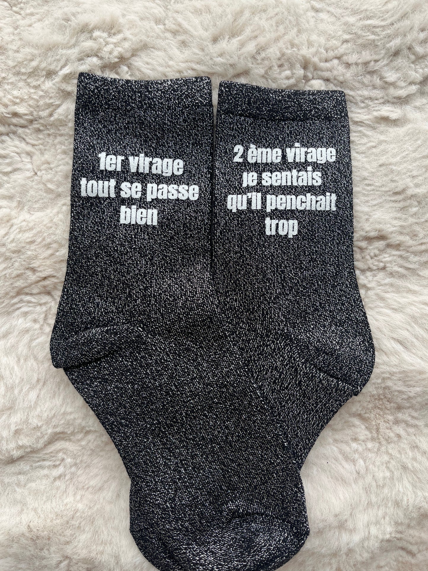 Chaussettes à paillettes " 1er virage, 2ème virage, 3ème virage " NOIR ARGENTE