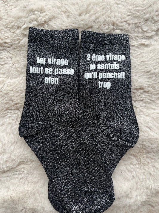Chaussettes à paillettes " 1er virage, 2ème virage, 3ème virage " NOIR ARGENTE