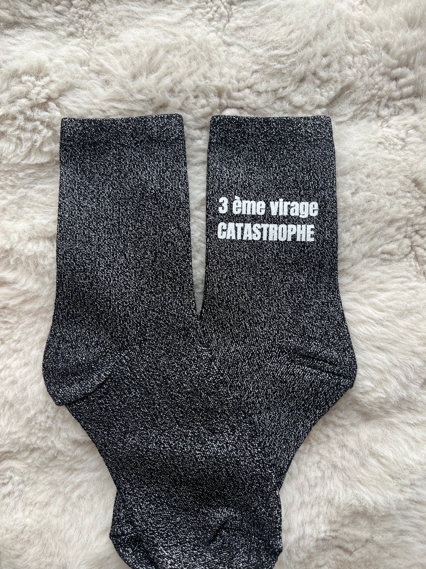 Chaussettes à paillettes " 1er virage, 2ème virage, 3ème virage " NOIR ARGENTE