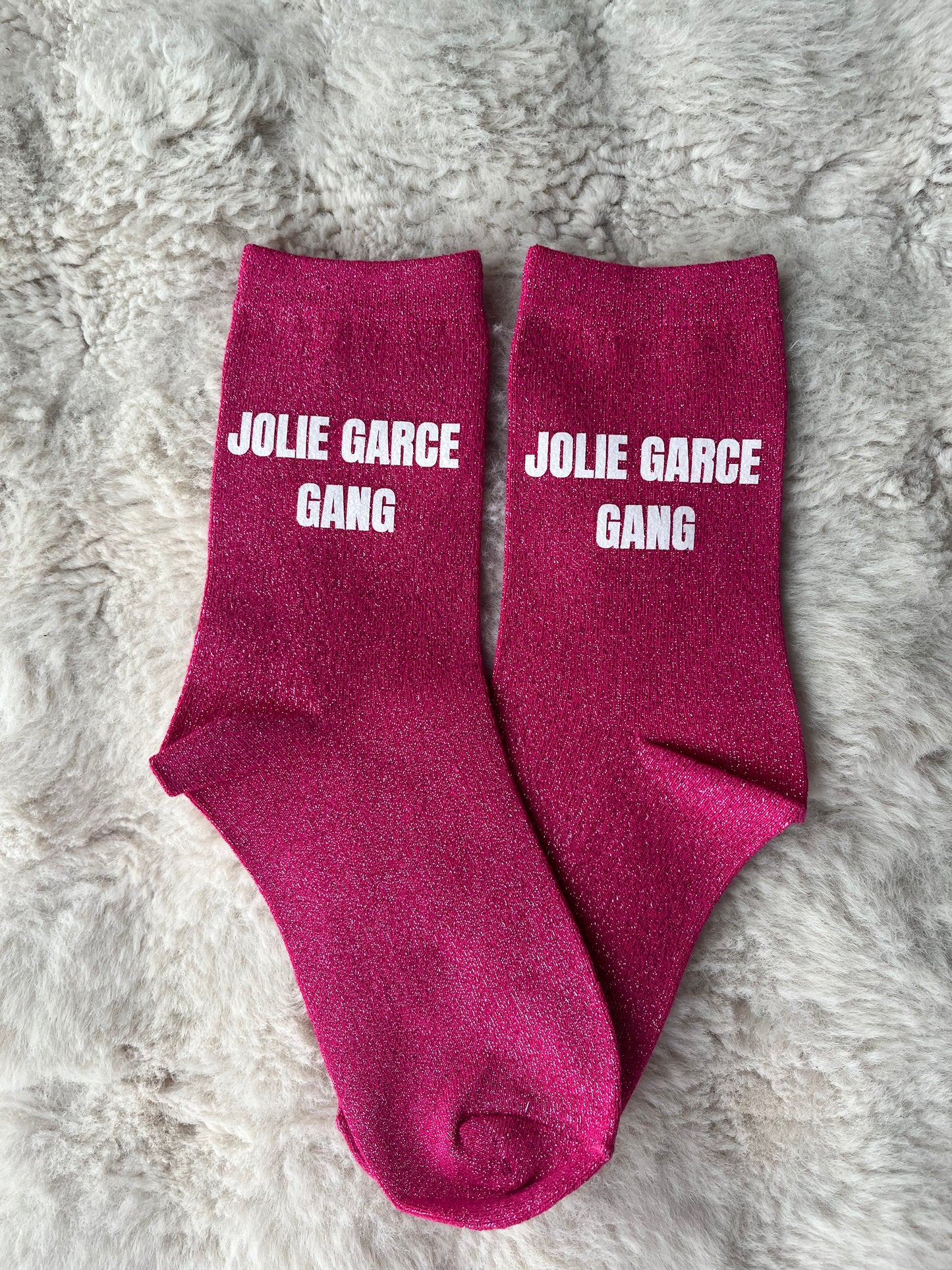 Chaussettes à paillettes " JOLIE GARCE GANG " rose fuchsia