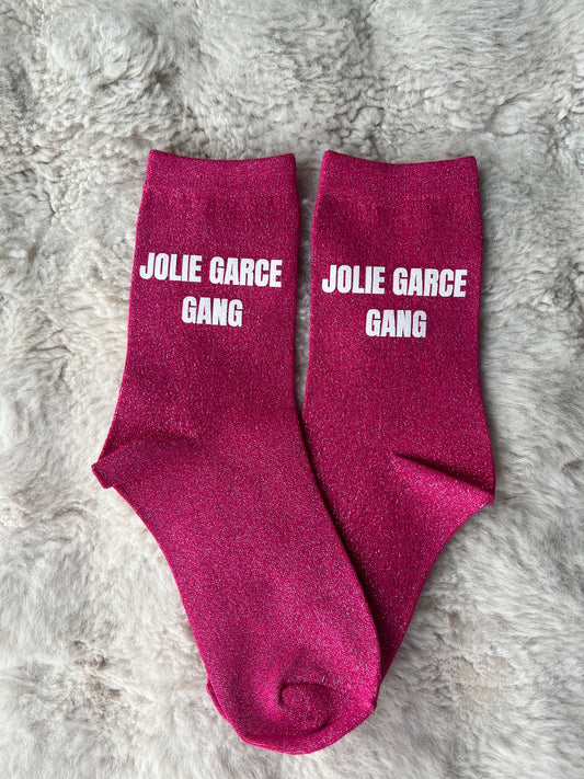Chaussettes à paillettes " JOLIE GARCE GANG " rose fuchsia