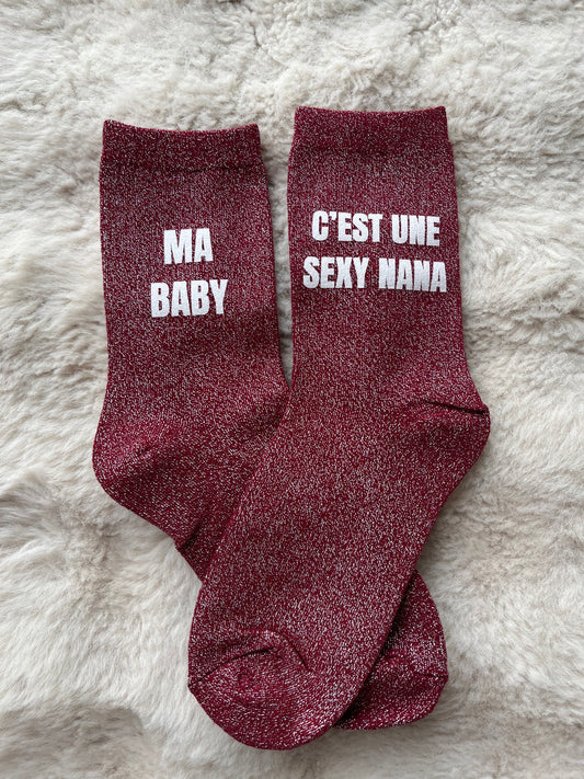 Chaussettes à paillettes " MA BABY C'eST UNE SEXY NANA " bordeaux