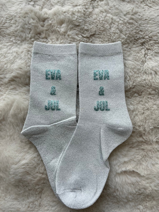 Chaussettes à paillettes " EVA & JUL " gris et bleu turquoise pailleté
