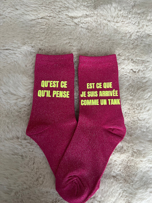PRECOMMANDE Chaussettes à paillettes " QU'EST CE QU'IL PENSE " jaune fluo