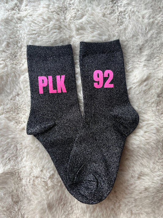 Chaussettes à paillettes "PLK 92" noir et rose fluo