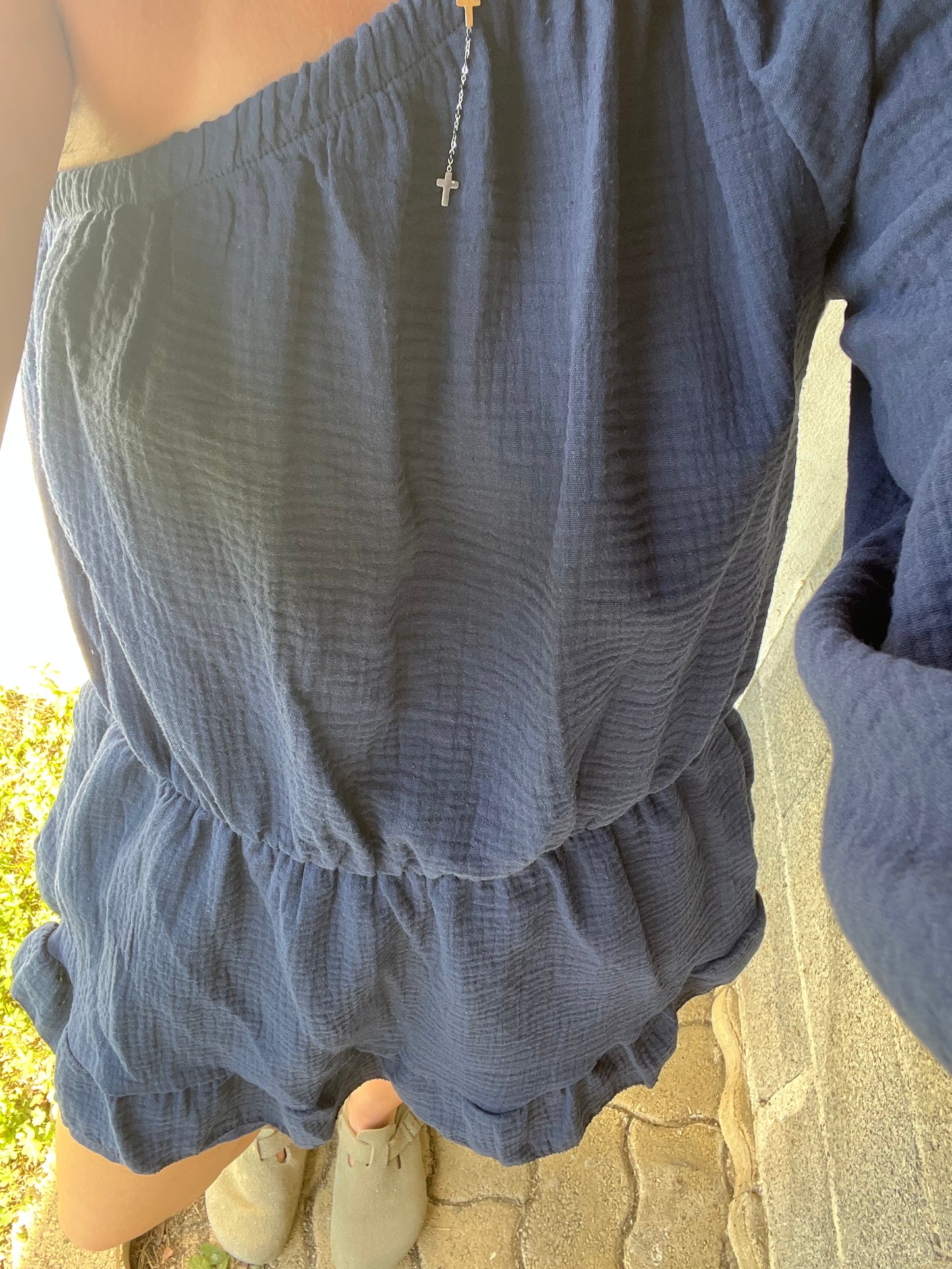 COMBI SHORT EN GAZ DE COTON BLEU MARINE