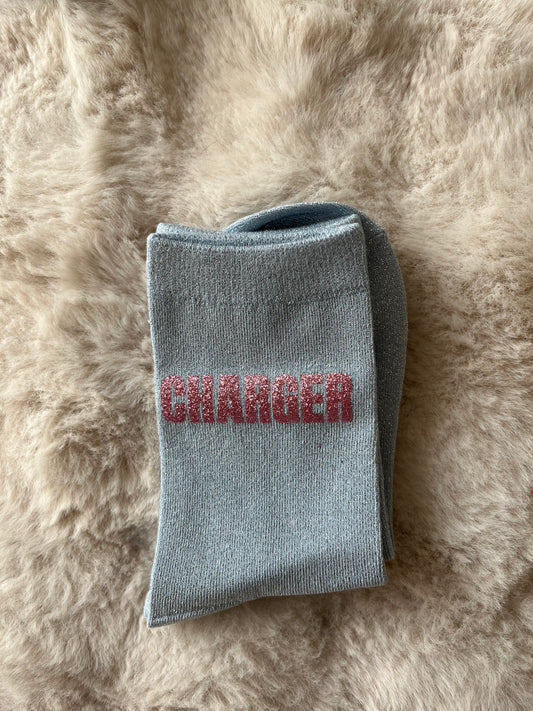 Chaussettes à paillettes " CHARGER " en bleu ciel