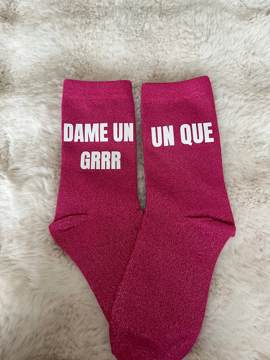 Chaussettes à paillettes " DAME UN GRR UN QUE " rose
